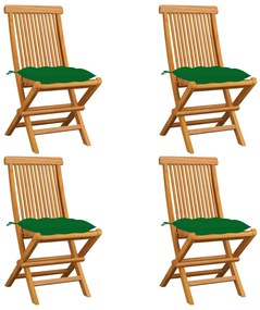 Sedie da giardino con cuscini verdi 4 pz in massello di teak