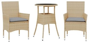 Set da pranzo da giardino 3 pz con cuscini polyrattan e vetro