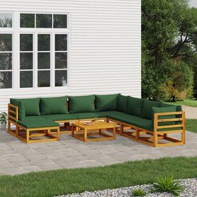 Set Salotto da Giardino 9pz con Cuscini Verdi in Legno Massello