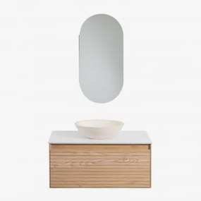 Set Di Mobili Da Bagno In Legno Di Frassino Tedrik Marrone Frassino & Redondo Cemento Blanco (ø40 Cm) Zavion & Ovale Con Contenitore (45x90 Cm) -