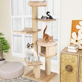 Costway Albero tiragraffi per gatti moderno e alto, Albero per gatti multistrato con nicchia in legno trespolo Beige