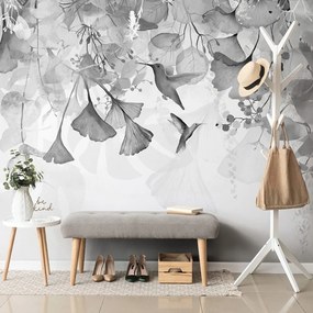Carta da parati – Foglie con Colibrì in Bianco e Nero