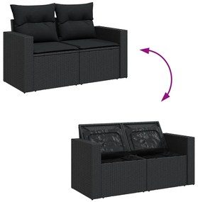 Set divani da giardino 9 pz con cuscini nero in polyrattan