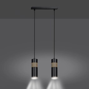 Lampadario 2 Luci Akari In Acciaio Nero A Cilindro Con Legno Naturale