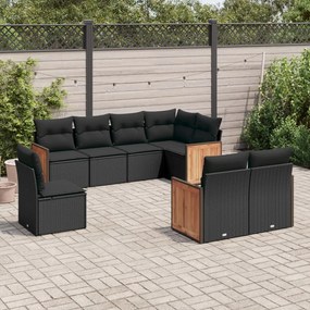 Set divani da giardino con cuscini 8 pz nero in polyrattan