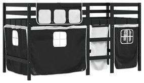 Letto a soppalco con tende bambini bianco e nero 90x200 cm pino