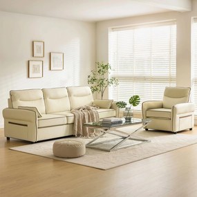 Divano 3 Posti 190x83x90 cm con Imbottitura Spessa Tasca Laterale e 2 Cuscini in Finta Pelle Beige...