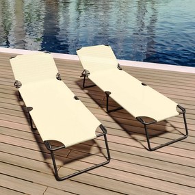 Coppia Di Lettini Pieghevoli Prendisole Senza Tettuccio Parasole Schienale Reclinabile Regolabile Struttura In Metallo Nero Sedia Sdraio Per Spiaggia Mare Giardino Piscina 187 x 53 x 24 Cm (Beige)