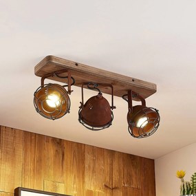 Farovi da soffitto Lindby, 45 cm, ruggine, a 3 luci, legno, metallo