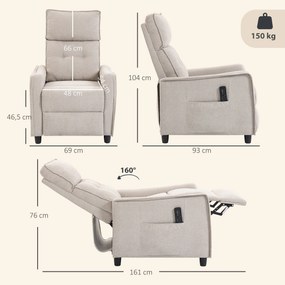 Poltrona Massaggiante 69x93x104 cm Reclinabile a 160° con Poggiapiedi e Telecomando Effetto Lino Bianco Crema...