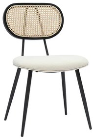 Sedie design in tessuto effetto lana bouclé bianco crema, metallo nero e motivo a intreccio rattan naturale (set di 2) TOLMA