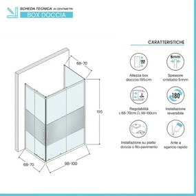 Box doccia 3 lati 70x100x70 in vetro temperato serigrafato doppio scorrevole con profili cromati Tay