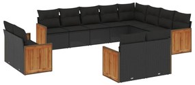 Set Divani da Giardino 12 pz con Cuscini Nero in Polyrattan