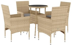 Set da pranzo da giardino 5 pz con cuscini polyrattan e vetro