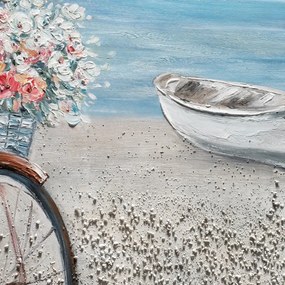 Dipinto su tela Barca e bici, azzurro, bianco 120 x 60 cm