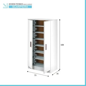 Mobile scarpiera H 108 cm bianco in legno con 2 ante e 6 ripiani