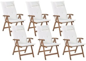 Set di 6 sedie da giardino legno di acacia scuro con cuscini bianco sporco AMANTEA Beliani