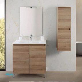 Mobile Bagno Da Terra "Revital" Da 80 Cm Con Due Ante Lavabo In Ceramica E Specchio Colore Rovere