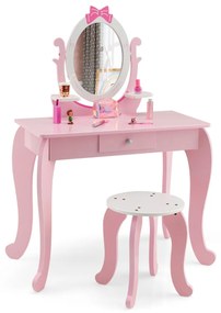 Costway Set toeletta con specchio per bambini 3-7 anni, Tavolo con cassetti e sgabello imbottito 70x34x101cm Rosa