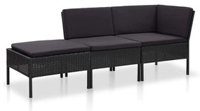 Set divani da giardino 3 pz con cuscini in polyrattan nero