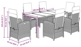 Set da Pranzo da Giardino 7 pz Nero con Cuscini in Polyrattan