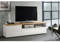 Porta TV moderno L.180 cm finitura Bianco laccato lucido e Castagno, ZEMPRTVWB1BIR