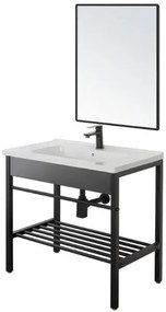 Mobile Bagno con Lavabo in Ceramica, Specchio e Sifone, Vano Portaoggetti, in Acciaio - 60 cm Nero