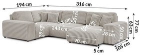 Divano angolare grigio chiaro (con penisola a sinistra/a U) rivestito in velluto a coste Justin – Ropez