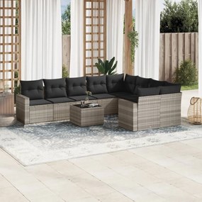 Set divano giardino 10 pz con cuscini grigio chiaro polyrattan