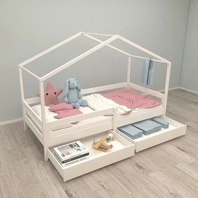 Letto da bambini a forma di casa bianco in legno massiccio con contenitore con rete inclusa 90x200 cm – Roba