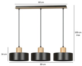 Lampadario a Sospensione in Acciaio e Legno TORIN 3 Nero 3xE27