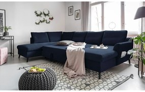 Divano letto a U in velluto blu scuro, angolo sinistro Stylish Stan - Miuform