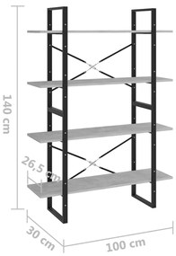 Libreria 4Ripiani Grigio Cemento 100x30x140cm Legno Multistrato