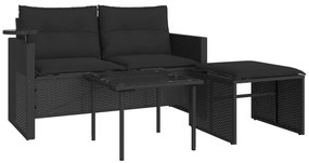 Set divani da giardino 3 pz con cuscini in polyrattan nero