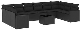 Set divani da giardino 11 pz con cuscini in polyrattan nero