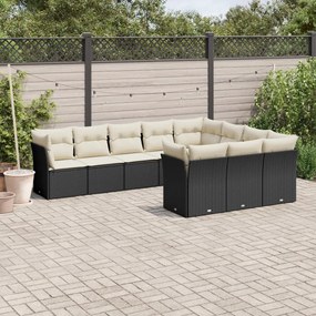 Set divani da giardino 10pz con cuscini in polyrattan nero