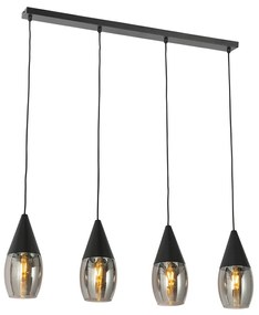 Lampada a sospensione moderna nera con vetro fumé 4 luci - Drop
