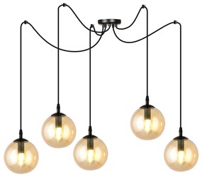 Lampadario 5 Luci Ginevra In Acciaio Nero Con Cavo Lungo E Vetri Ambra