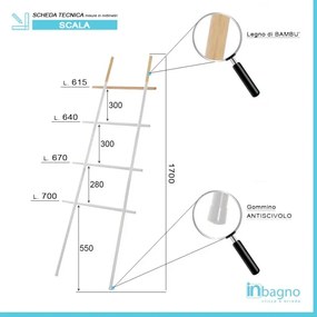 Scala Porta Asciugamani Moderna in Acciaio Bianco con Inserti in Legno H 170 cm