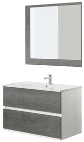 Mobile Bagno sospeso 90 cm colore cemento con 2 cassetti lavabo e specchio
