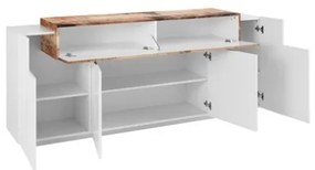 Credenza Moderna A 4 Ante 200x45x85,5 Bianco Lucido/Effetto Legno Corona