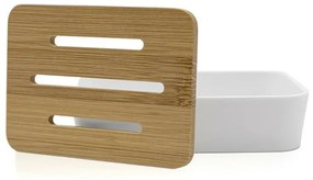 Set accessori bagno moderno in finitura bianca opaca con dettagli in bambù