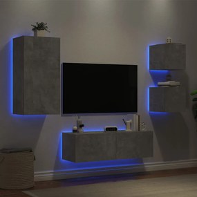 Mobili tv a muro 4pz con luci led grigio cemento