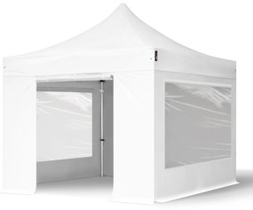 3x3m gazebo pieghevole PVC ignifugo con laterali (finestre panoramiche), PROFESSIONAL alluminio, bianco