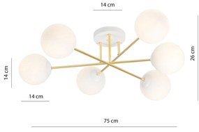 Plafoniera Moderna Magnium 6 Luci In Acciao Oro E Sfere In Vetro Bianco