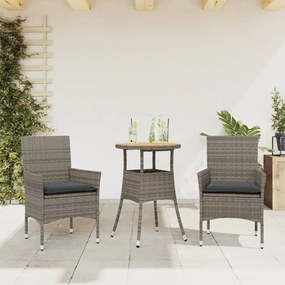 Set Pranzo Da Giardino 3pz Con Cuscini Polyrattan Acacia Grigio /