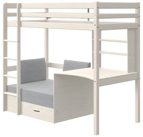 Letto a soppalco Scrivania, divano letto e vani portaoggetti 90 x 200 cm Abete massello Sbiancato - GOLIATH II
