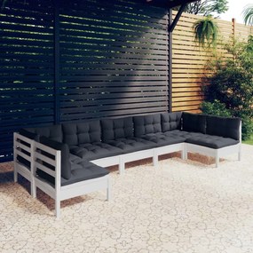 Set Divani da Giardino 7 pz con Cuscini Bianchi Legno di Pino