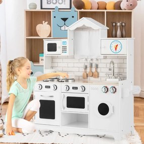 Costway Cucina giocattolo per bambini in legno con lavatrice piano cottura, Set giochi cucina realistica Bianco