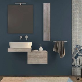 Mensolone da bagno 60 cm rovere sbiancato con specchio filo lucido, pensile da 100 cm e cassettone da 50 cm